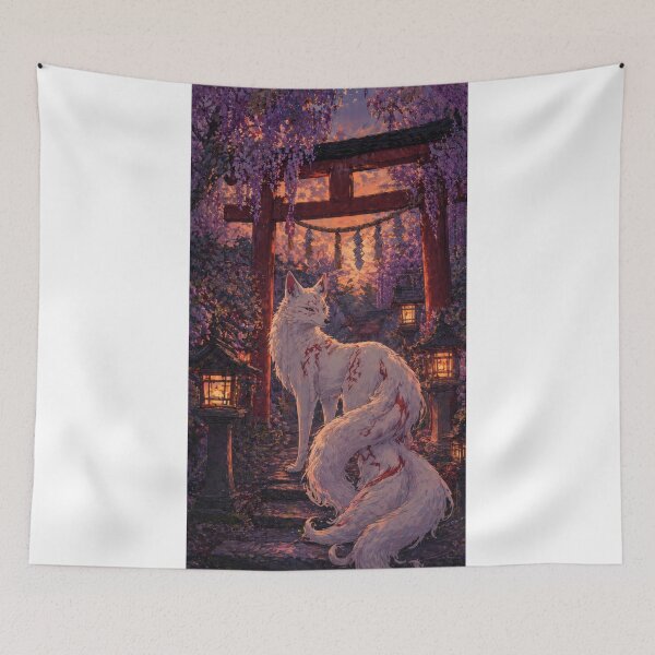 Item preview, Taisho White Fox Spirit at Shrine Japanese Vintage Art designed and sold by WabiSabiArts.