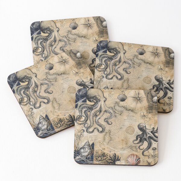 Item preview, Vintage Nautical Map Collage with Octopus Doodles designed and sold by Glitchart66.