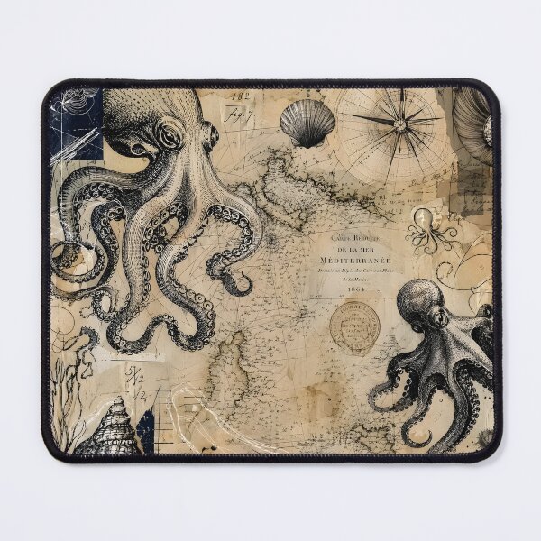 Item preview, Vintage Nautical Map Collage with Octopus Doodles designed and sold by Glitchart66.