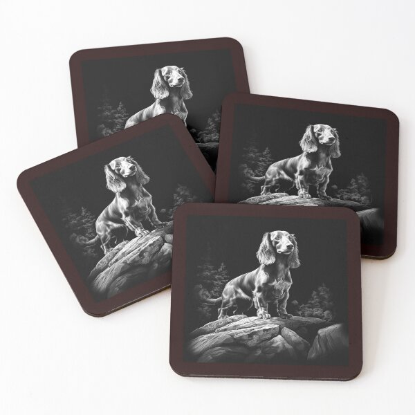 Item preview, Black and White Dachshund Dog on Rocky Mountain Illustration designed and sold by inkoutninja.