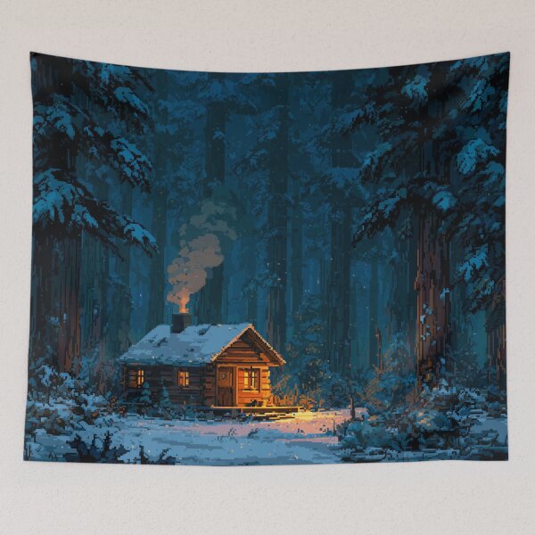 Item preview, Retro Pixel Snowy Cabin In Woods designed and sold by Rtymer.
