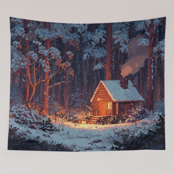 Item preview, Retro Pixel Snowy Cabin In Woods designed and sold by Rtymer.