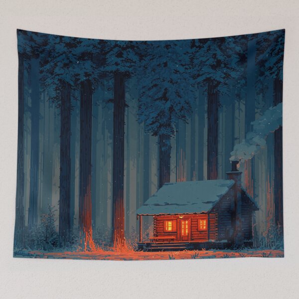 Item preview, Retro Pixel Snowy Cabin In Woods designed and sold by Rtymer.