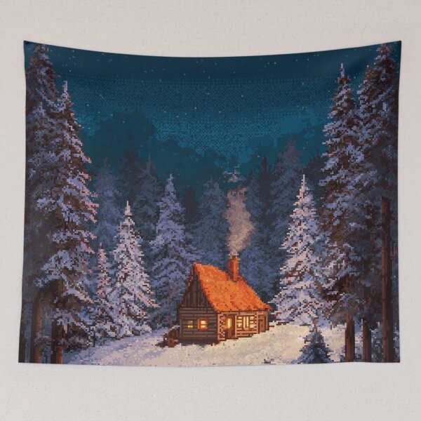 Item preview, Retro Pixel Snowy Cabin In Woods designed and sold by Rtymer.