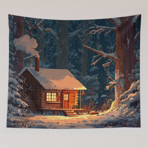 Item preview, Retro Pixel Snowy Cabin In Woods designed and sold by Rtymer.