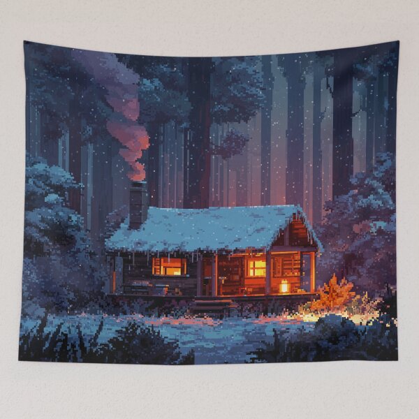 Item preview, Retro Pixel Snowy Cabin In Woods designed and sold by Rtymer.