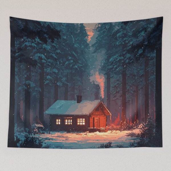 Item preview, Retro Pixel Snowy Cabin In Woods designed and sold by Rtymer.