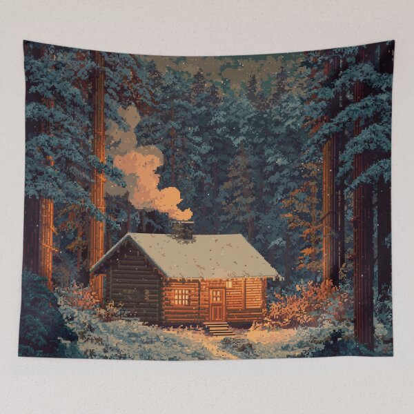 Item preview, Retro Pixel Snowy Cabin In Woods designed and sold by Rtymer.