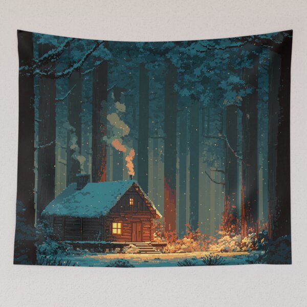 Item preview, Retro Pixel Snowy Cabin In Woods designed and sold by Rtymer.