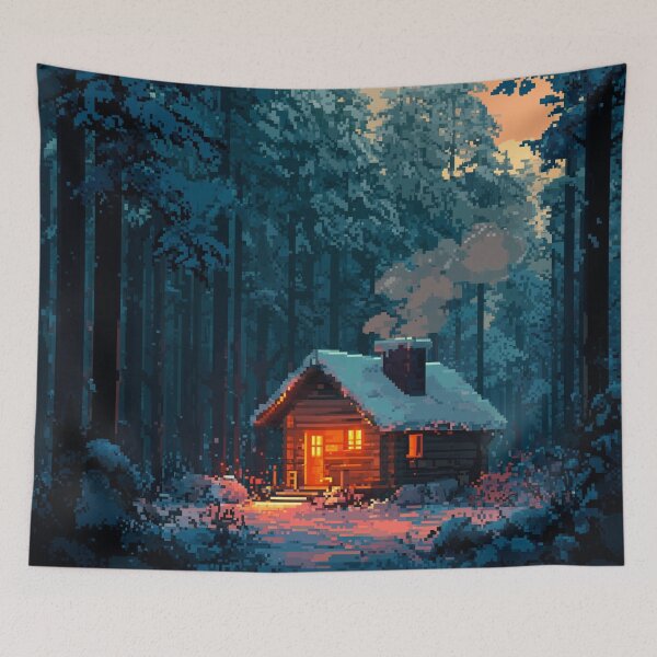 Item preview, Retro Pixel Snowy Cabin In Woods designed and sold by Rtymer.