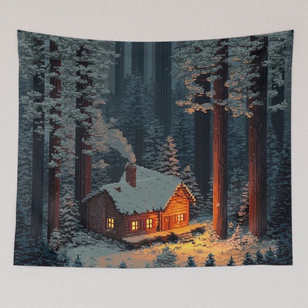 Item preview, Retro Pixel Snowy Cabin In Woods designed and sold by Rtymer.