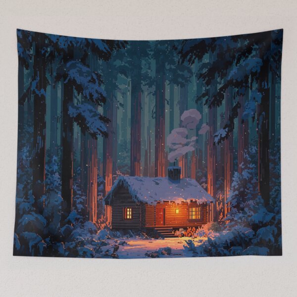 Item preview, Retro Pixel Snowy Cabin In Woods designed and sold by Rtymer.