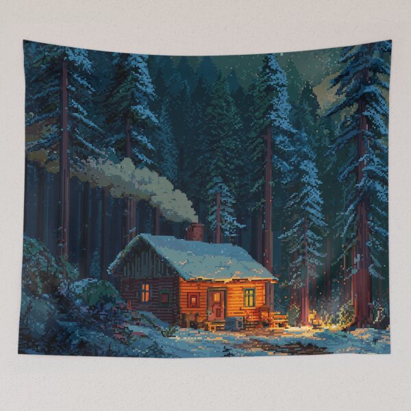Item preview, Retro Pixel Snowy Cabin In Woods designed and sold by Rtymer.