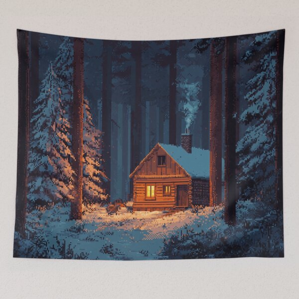 Item preview, Retro Pixel Snowy Cabin In Woods designed and sold by Rtymer.