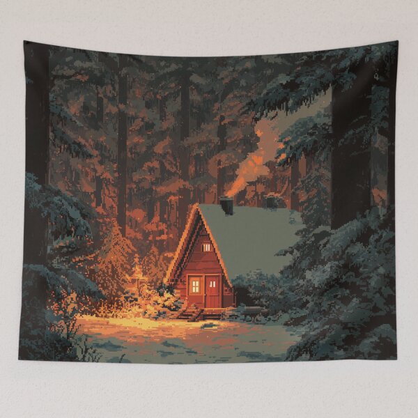 Item preview, Retro Pixel Snowy Cabin In Woods designed and sold by Rtymer.