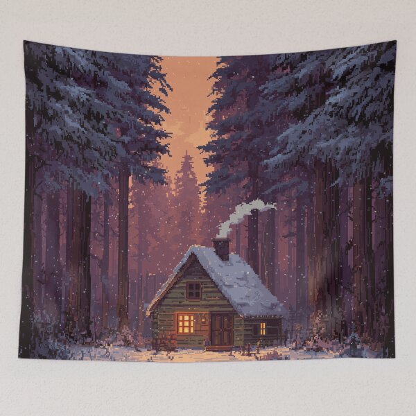 Item preview, Retro Pixel Snowy Cabin In Woods designed and sold by Rtymer.