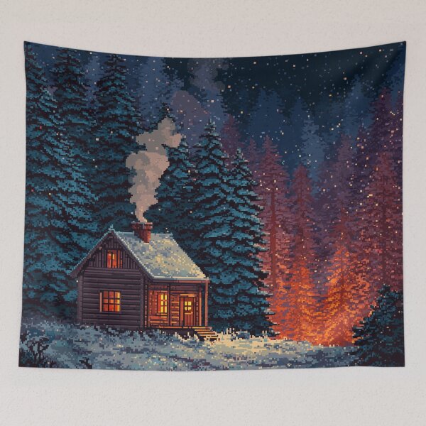 Item preview, Retro Pixel Snowy Cabin In Woods designed and sold by Rtymer.