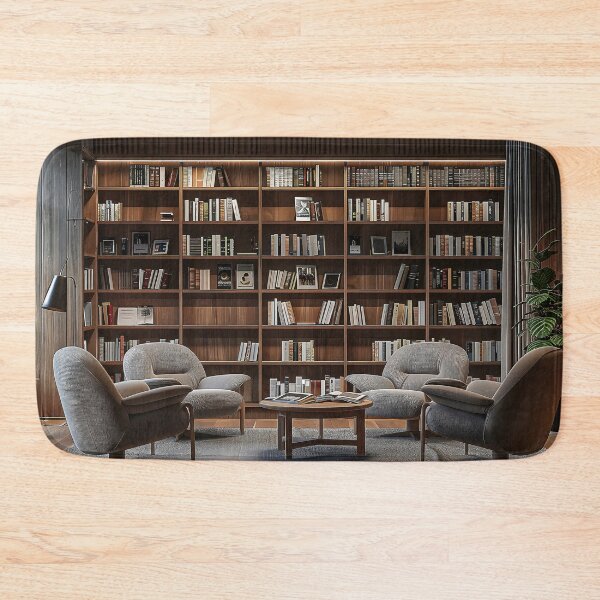 Item preview, minimalist coffee cafe setting, featuring a comfortable reading corner with plush chairs and a sofa nestled among bookshelves   designed and sold by CheerForGoods.