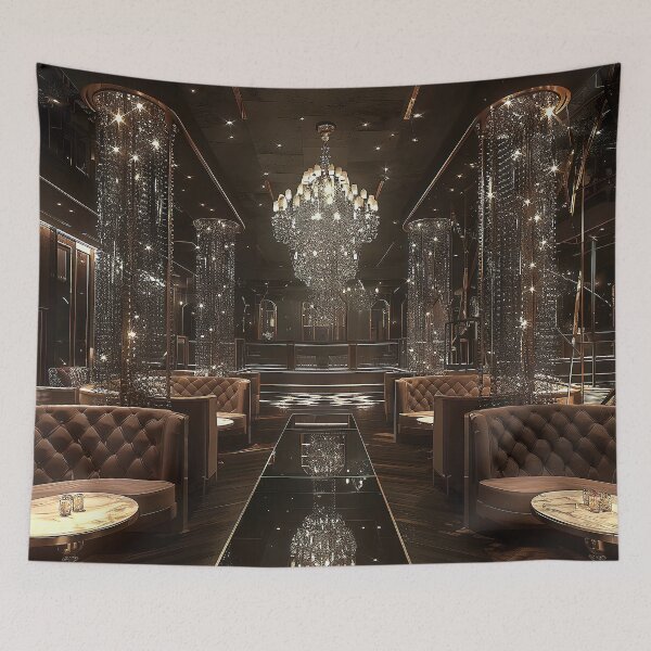 Item preview, a luxurious nightclub, featuring plush velvet booths, a stunning crystal chandelier designed and sold by CheerForGoods.