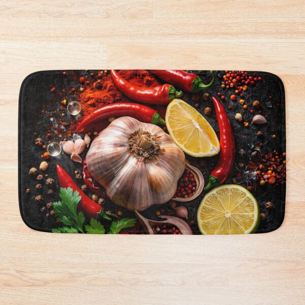 Aperçu de l'œuvre Affiche de cuisine épicée au piment, à l'ail et au citron – Photographie culinaire rustique créée et vendue par Kaleidoscope Print.