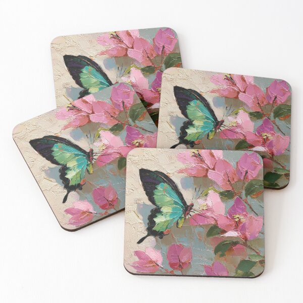 Item preview, Emerald Butterfly on Pink Spring Blossoms Oil Painting designed and sold by colorful-white.