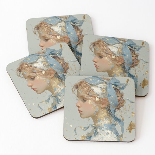 Item preview, Romantic Blonde Girl with Blue Ribbon and Gold Leaf designed and sold by colorful-white.