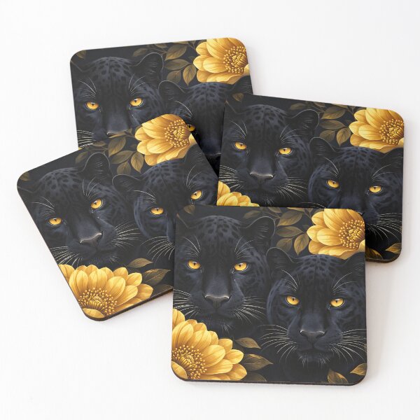 Item preview, Black Panther Duo with Golden Flowers – Elegant Exotic Wildlife Art Print designed and sold by Kaleidoscope Print.