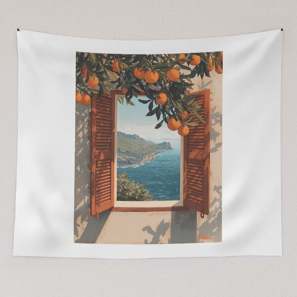 Item preview, Orange Tree Coast View Greeting Card - Scenic Window Design designed and sold by FestivityFinds.