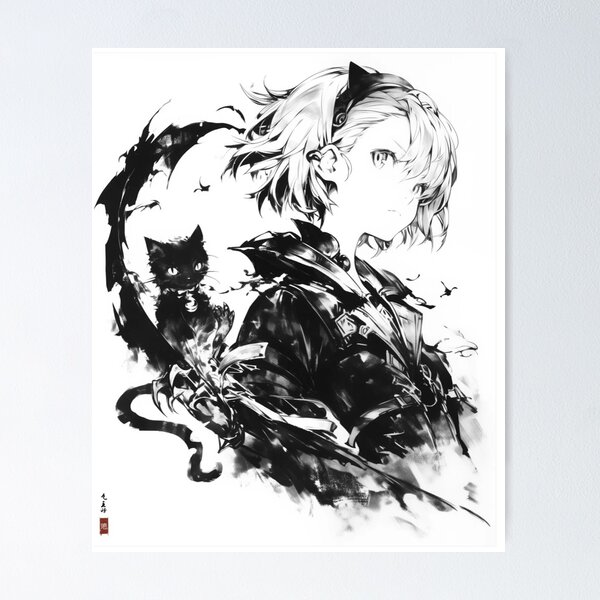 Item preview, Dark Anime Aesthetic – Black Cat Ink Illustration designed and sold by EchoWave11.