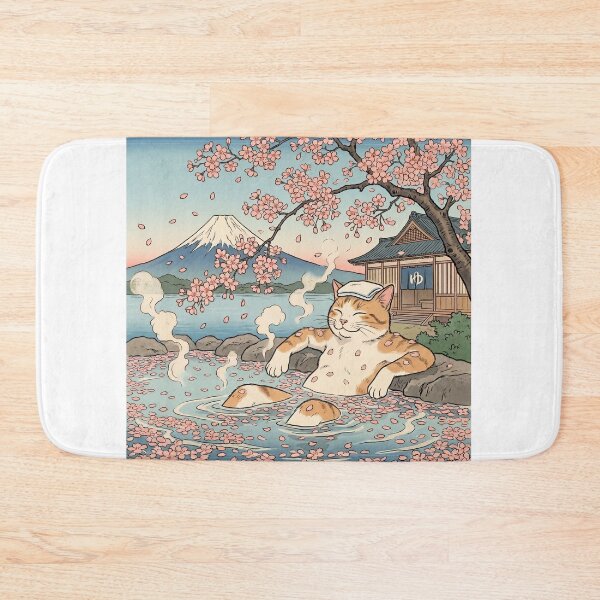 Item preview, Cat in Cherry Blossom Hot Spring with Mount Fuji — Ouka Onsen Neko Zu | Japanese Ukiyo-e Cat Art designed and sold by Ukiyo Neko Hyakkei - Cats of the Floating World-.
