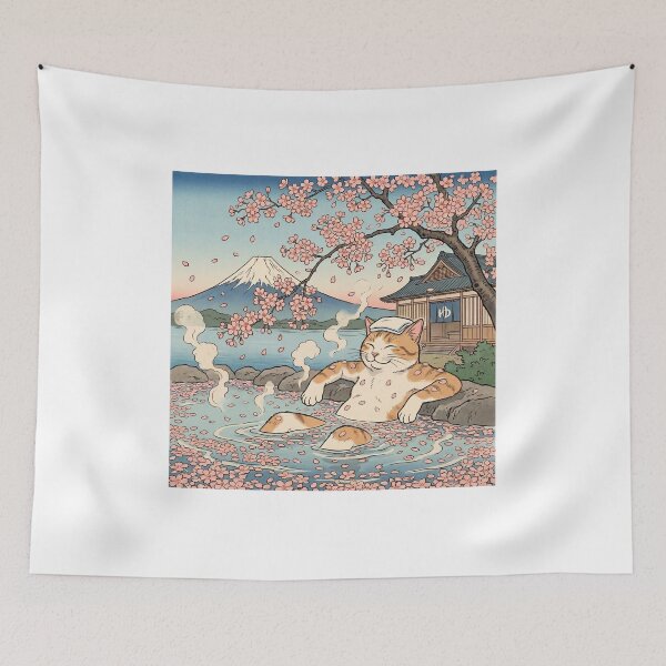 Item preview, Cat in Cherry Blossom Hot Spring with Mount Fuji — Ouka Onsen Neko Zu | Japanese Ukiyo-e Cat Art designed and sold by Ukiyo Neko Hyakkei - Cats of the Floating World-.