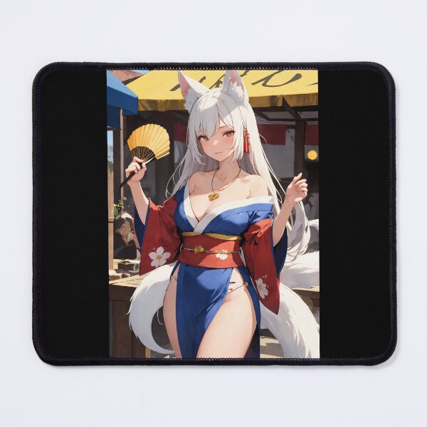Item preview, Okayama Mikachi - White Haired Kitsune Fox Girl in Blue Kimono Anime Art designed and sold by iloveanimechibi.