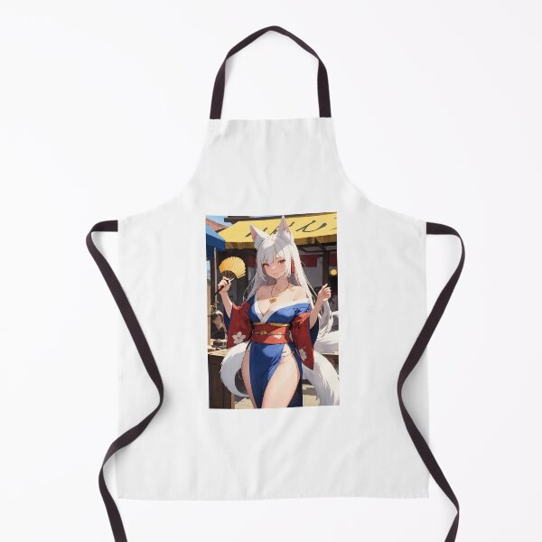 Item preview, Okayama Mikachi - White Haired Kitsune Fox Girl in Blue Kimono Anime Art designed and sold by iloveanimechibi.