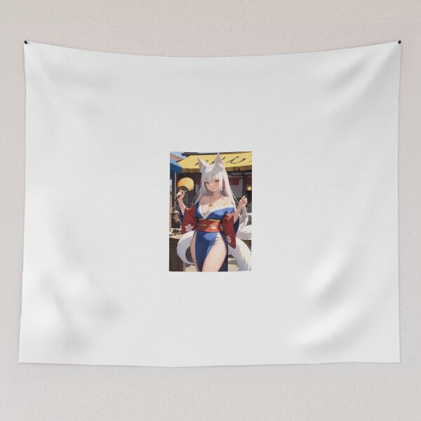 Item preview, Okayama Mikachi - White Haired Kitsune Fox Girl in Blue Kimono Anime Art designed and sold by iloveanimechibi.