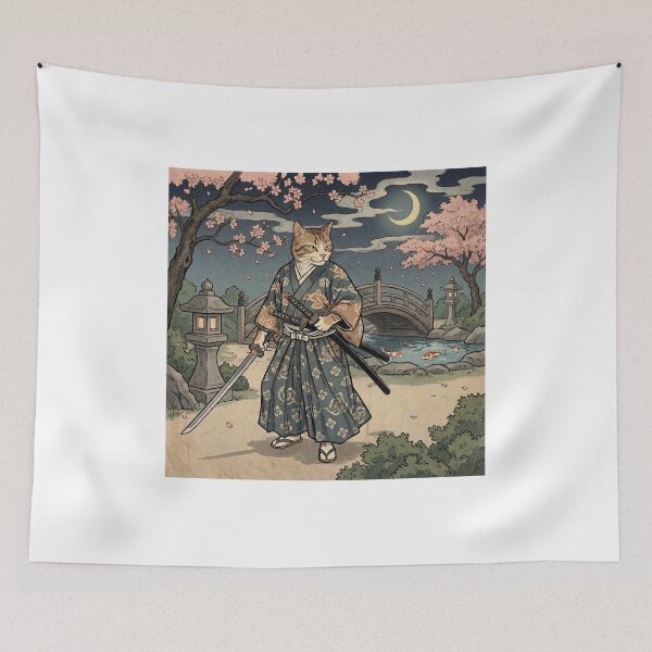 Item preview, Samurai Cat in a Moonlit Japanese Garden — Neko Samurai Gekka Teien Zu | Japanese Ukiyo-e Cat Art designed and sold by Ukiyo Neko Hyakkei - Cats of the Floating World-.