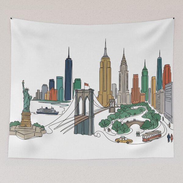 Item preview, New York Skyline Line Art Statue Liberty Bridge Scene designed and sold by PixorStudio.