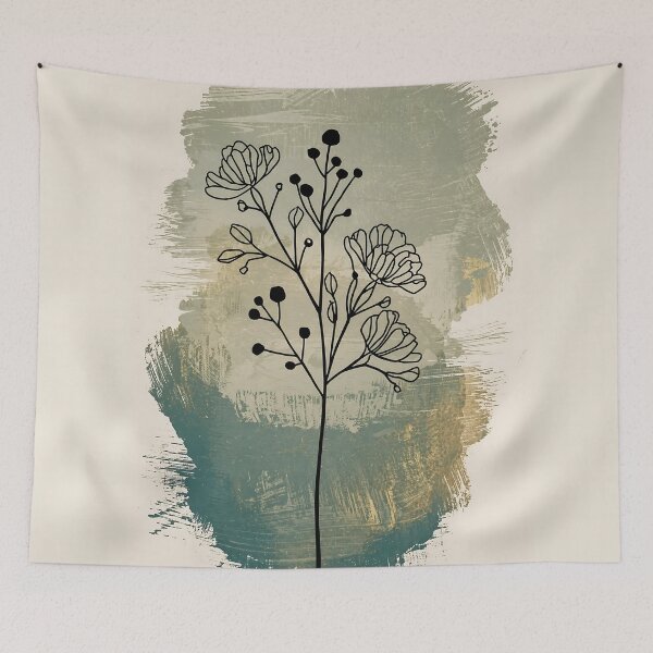 Item preview, Botanical Line Art Print | Wildflower Stem with Teal & Gold Brush Strokes | Minimalist Floral Wall Art designed and sold by GaneshHilam.