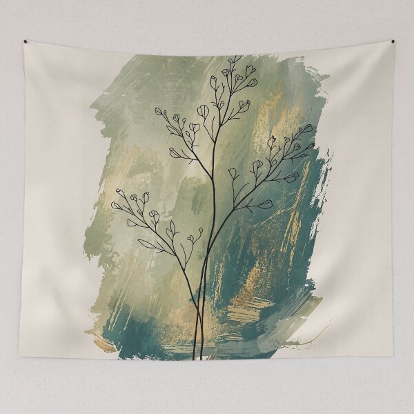 Item preview, Delicate Wildflower Branch Line Art | Sage Green & Gold Abstract Wall Art | Minimalist Botanical Print designed and sold by GaneshHilam.