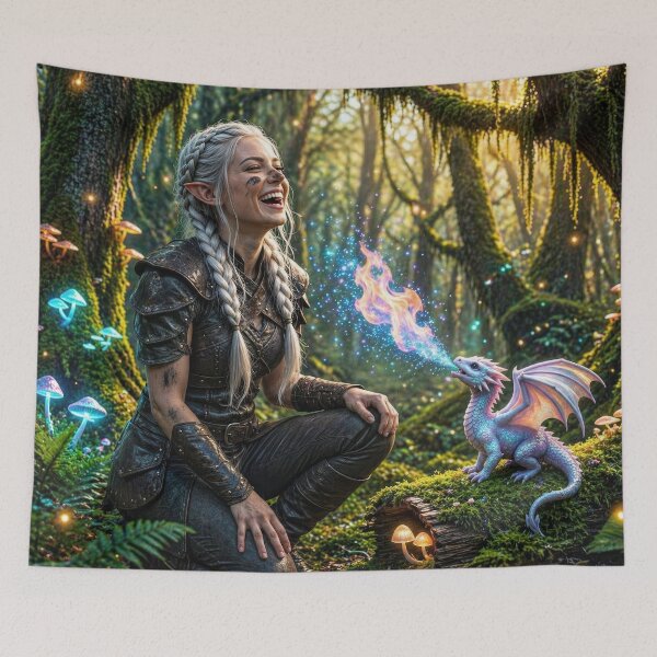 Item preview, Cute Baby Dragon & Elf Girl | Magical Forest Fantasy Art designed and sold by DrakariArt.