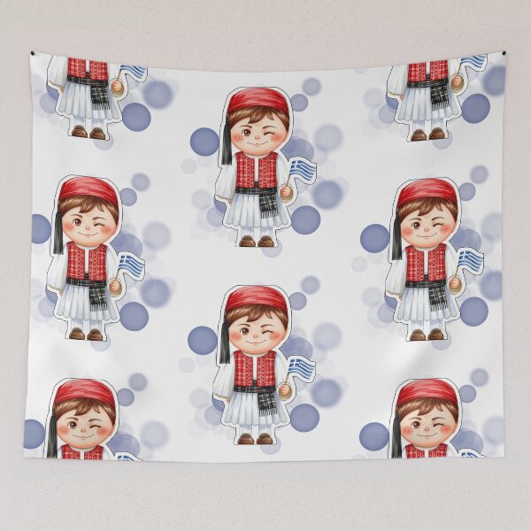 Item preview, Greek Boy in Traditional Clothing Holding Greece Flag Design designed and sold by iamKRUK.