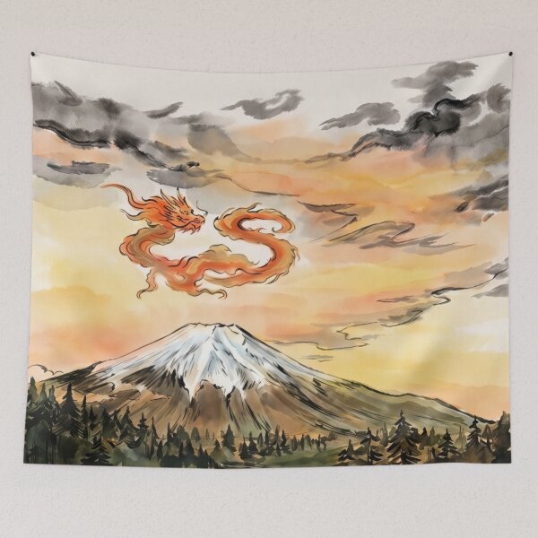 Item preview, Japanese Dragon Over Mount Fuji: Sumi-e Watercolor Art designed and sold by MalisoStickers.