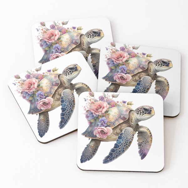 Item preview, Romantic floral watercolor sea turtle top view botanical shell ocean art print designed and sold by icemanphotos.