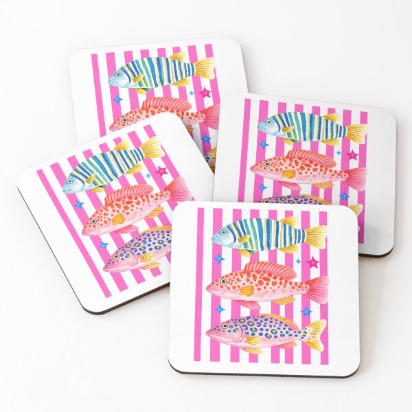 Item preview, Coastal Maximalist Colorful Trio of Fish Pink Nautical Striped Pattern designed and sold by DoodloraStudio.