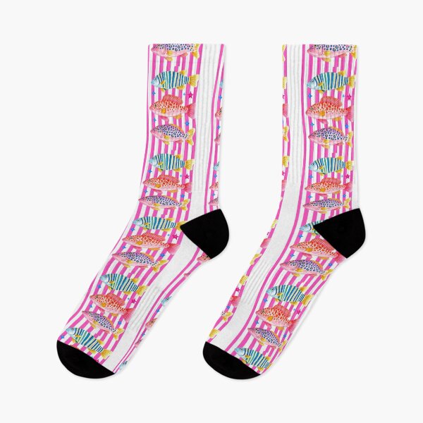 Item preview, Coastal Maximalist Colorful Trio of Fish Pink Nautical Striped Pattern designed and sold by DoodloraStudio.