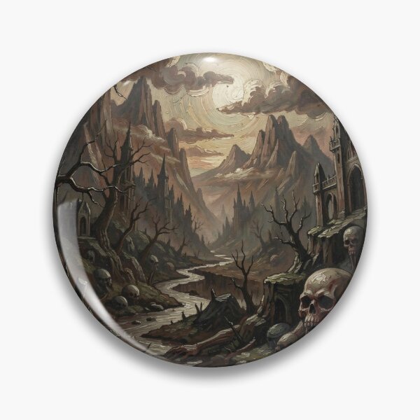 Item preview, A dark fantasy landscape in gouache style with a dilapidated castle and gigantic skulls. designed and sold by FotoworldEdel.