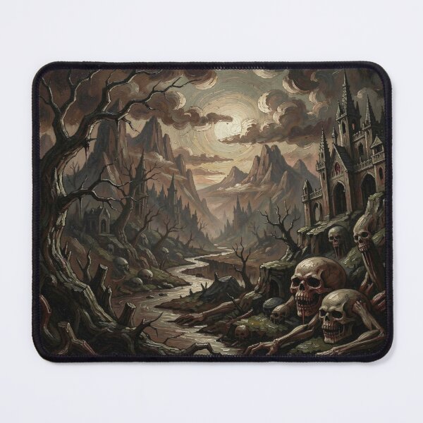 Item preview, A dark fantasy landscape in gouache style with a dilapidated castle and gigantic skulls. designed and sold by FotoworldEdel.