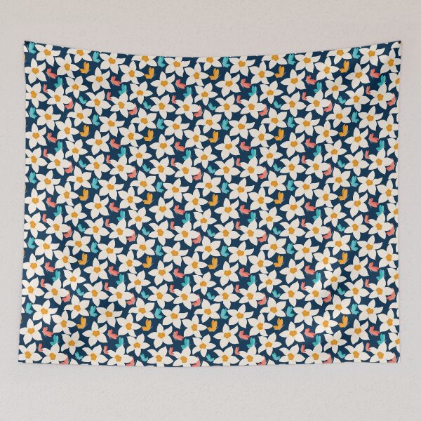 Item preview, White daffodil flowers and colorful butterflies. Elegant floral pattern designed and sold by Eridanka.