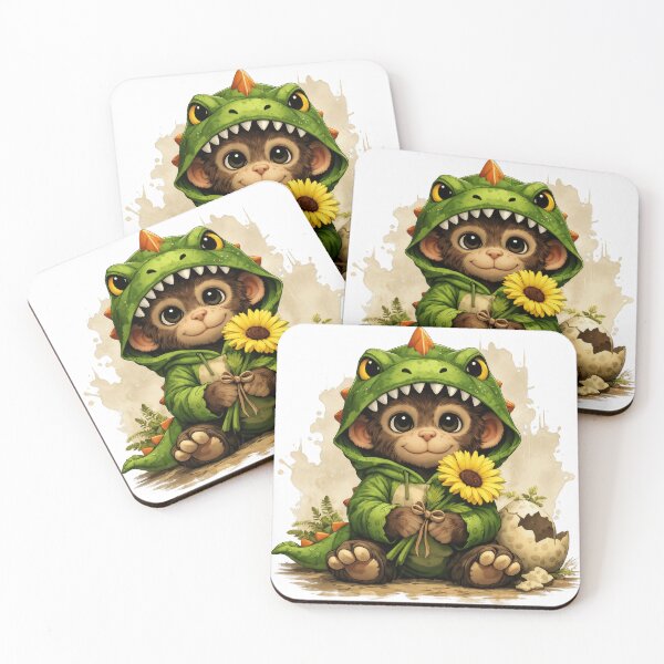 Item preview, Cute Baby Monkey in Dinosaur Costume Holding Sunflower | Kawaii animal illustration designed and sold by Daagath.