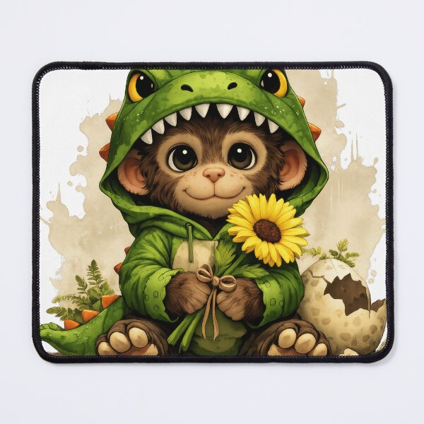 Item preview, Cute Baby Monkey in Dinosaur Costume Holding Sunflower | Kawaii animal illustration designed and sold by Daagath.