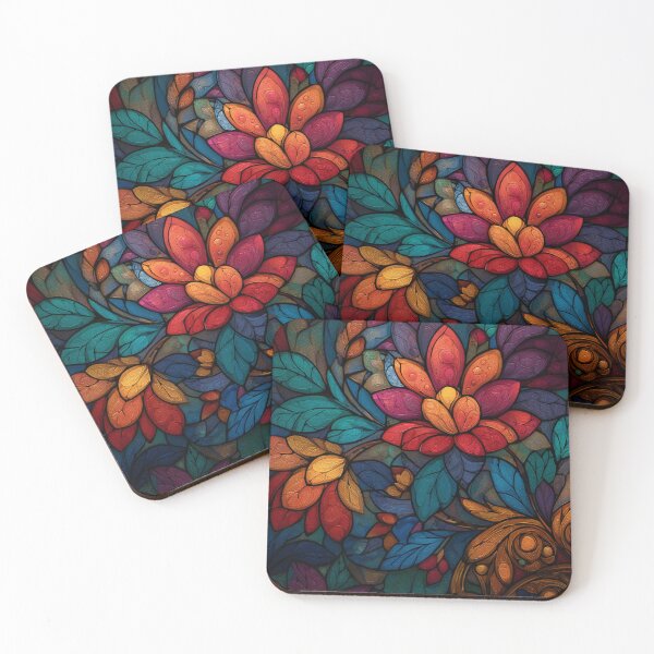 Item preview, Stained Glass Effect Beautiful Red Flowers Leaves Pattern designed and sold by GrinGalore.
